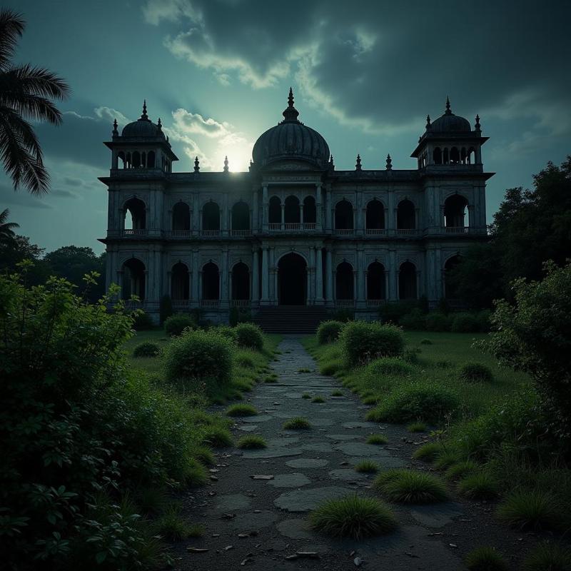 An abandoned palace in Agra at night:  Overgrown vines climb the crumbling walls of the palace, illuminated by the dim moonlight, giving it a sinister feel.