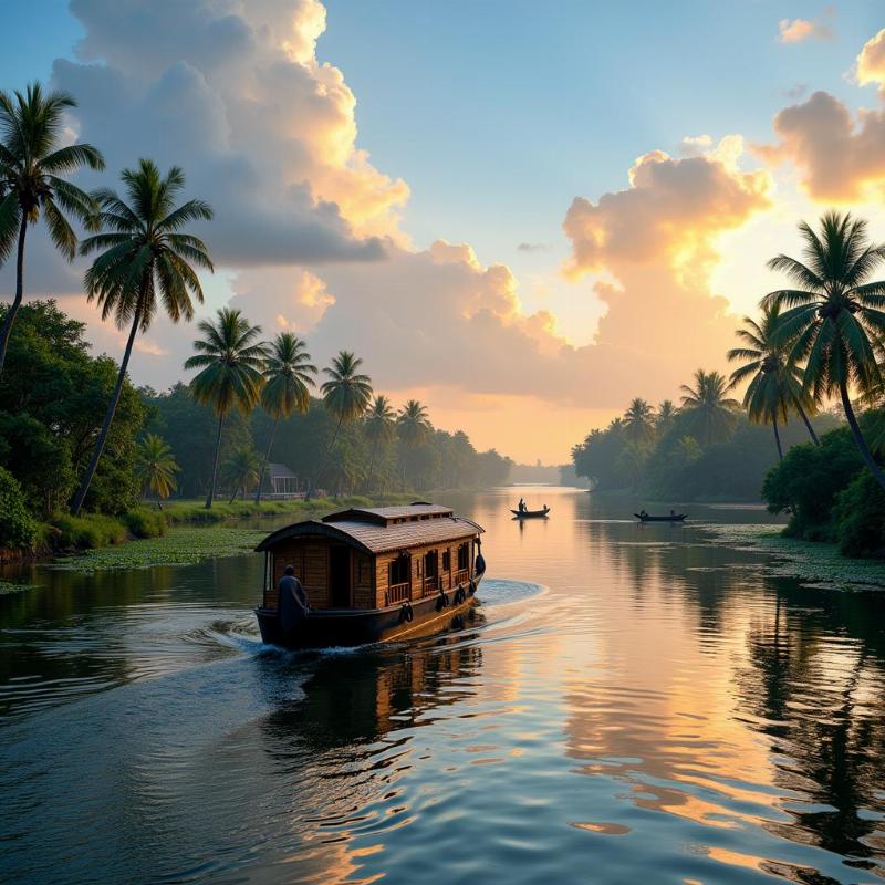 Houseboat cruising in the serene backwaters of Alappuzha, Kerala, India