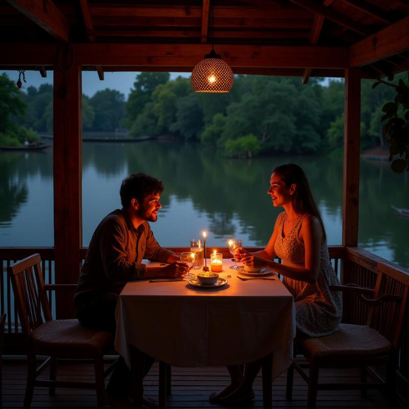 Couple enjoying dinner on a houseboat in Alleppey