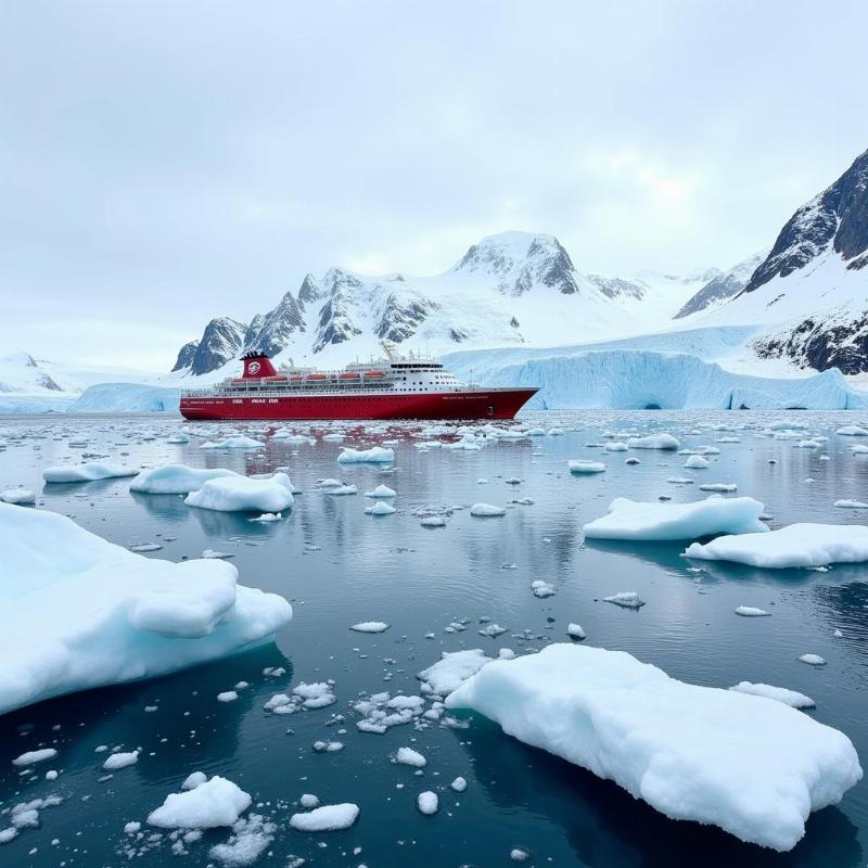 Cruise ship approaching the icy shores of Antarctica