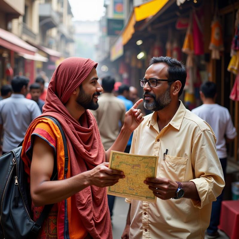 Asking for directions in a bustling Indian market.