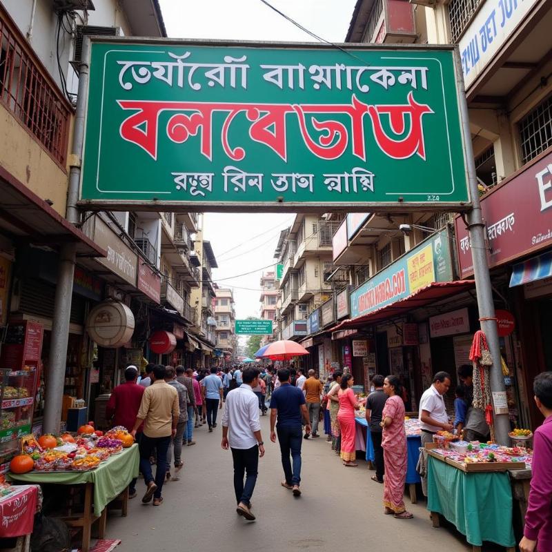 Bengali street market sign with location details