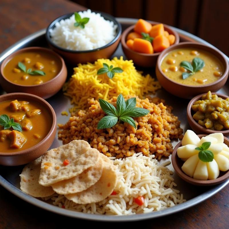 A Bengali thali with various traditional dishes.