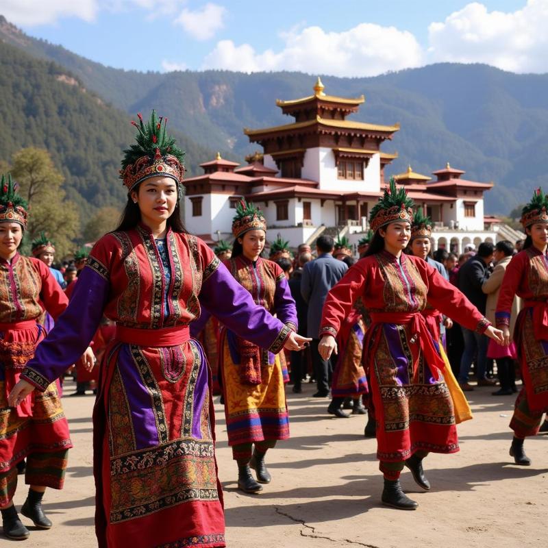 Bhutanese people celebrating Paro Tsechu festival in spring