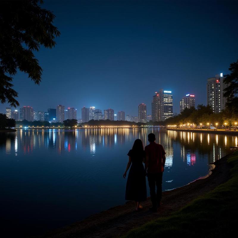 City Center Lake Durgapur Night View - The illuminated cityscape reflecting on the calm lake at night