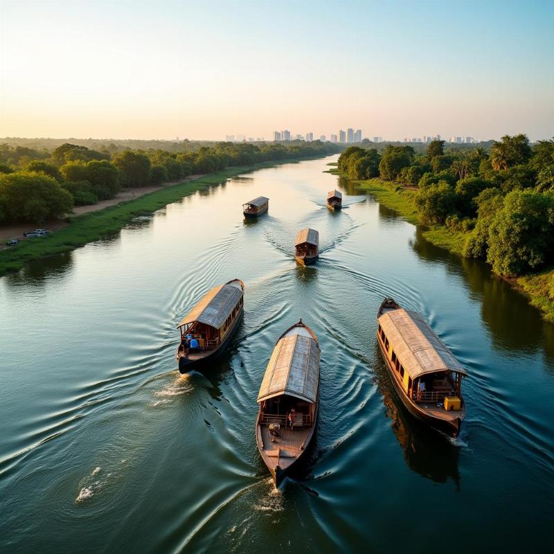 One day backwater cruise in Cochin, showcasing traditional Kerala houseboats and lush greenery.