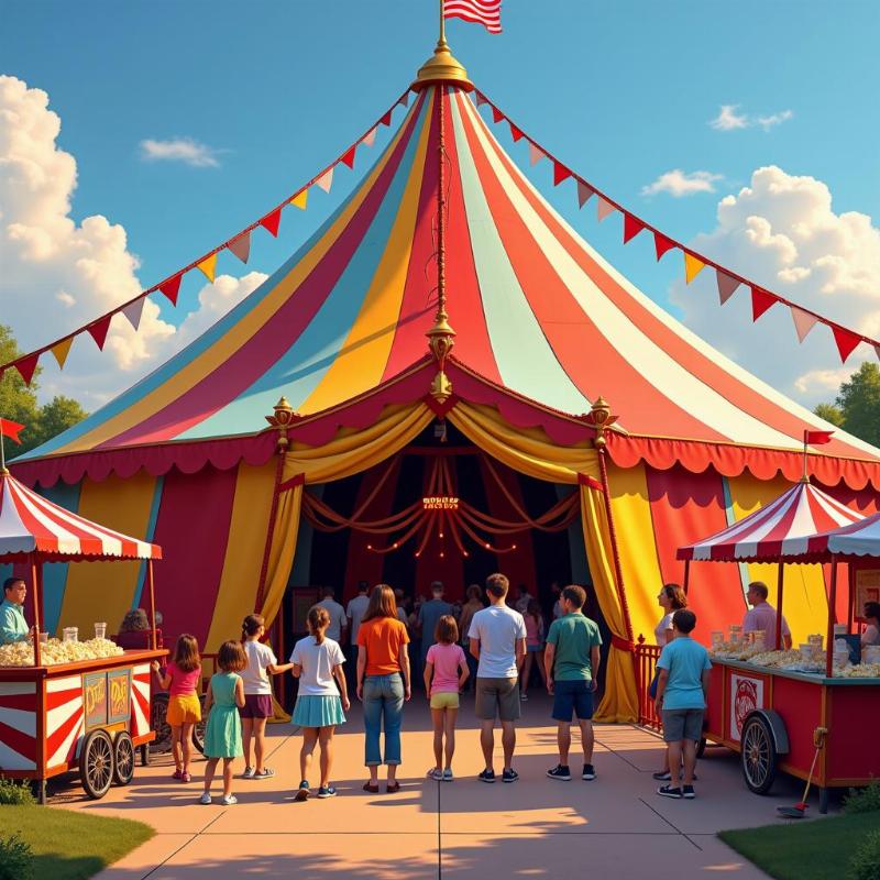 Families entering a brightly colored circus tent, excited for the show, with vendors selling snacks and souvenirs around the entrance.