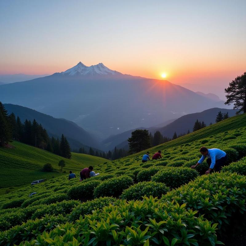 Sunrise over Kanchenjunga viewed from a tea garden in Darjeeling, workers picking tea leaves