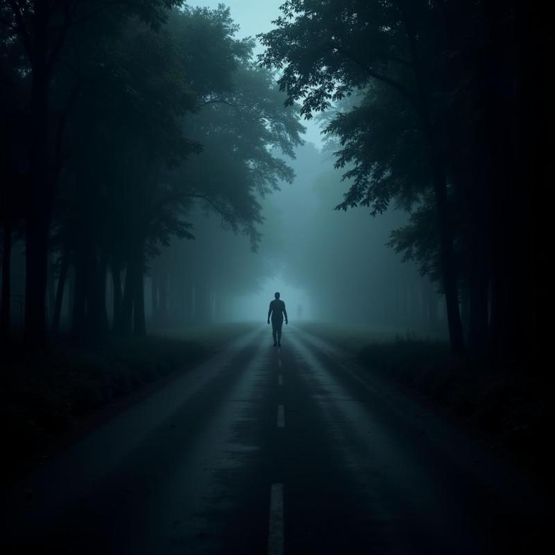 Delhi Cantonment's haunted road shrouded in mist at night, with a lone figure in the distance.