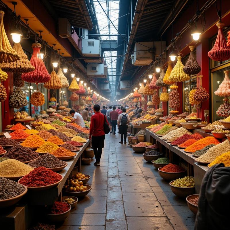 Devaraja Market Mysore: bustling street market scene with vendors and shoppers.