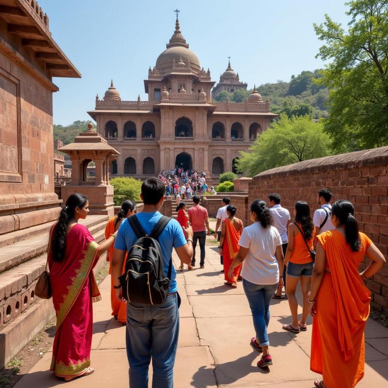 Dhanunjaya Travels India Tour Package: A group of tourists exploring a historical site in India with a guide.