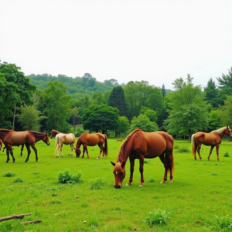 Wildlife at Dibru-Saikhowa National Park, featuring feral horses and lush vegetation.