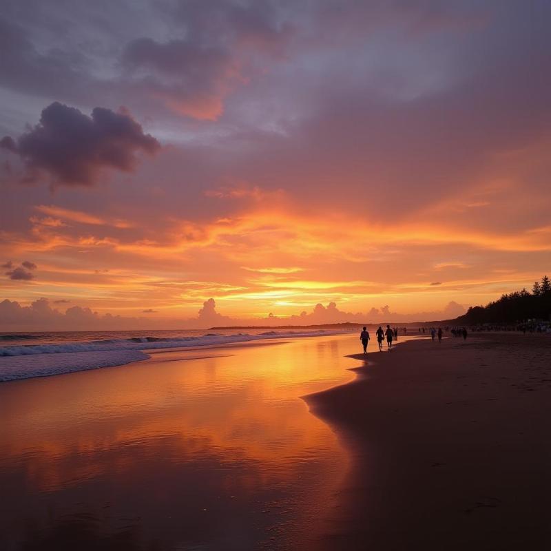 Diveagar Beach Sunset at dusk with orange and purple hues reflecting on the wet sand