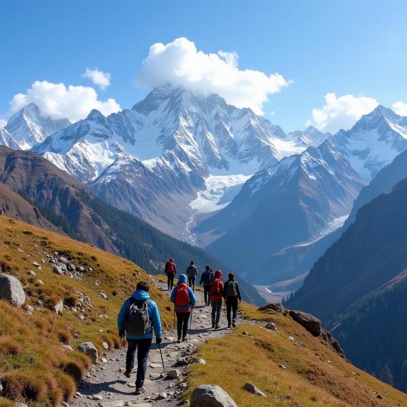 Tourists trekking in the Himalayas with Gayatri Tours