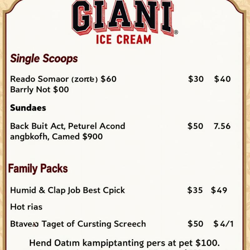 Giani Ice Cream Menu and Prices