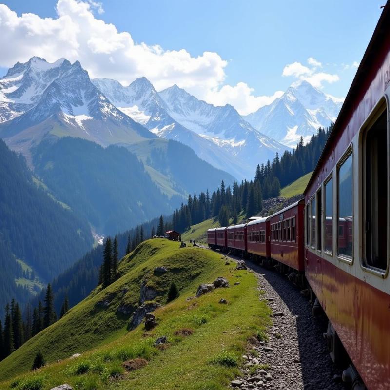 Himalayan train journey with snow-capped mountains