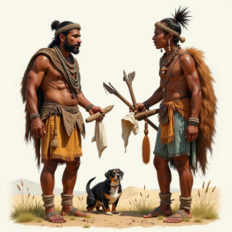 Hunter-gatherer social interaction showing exchange of goods