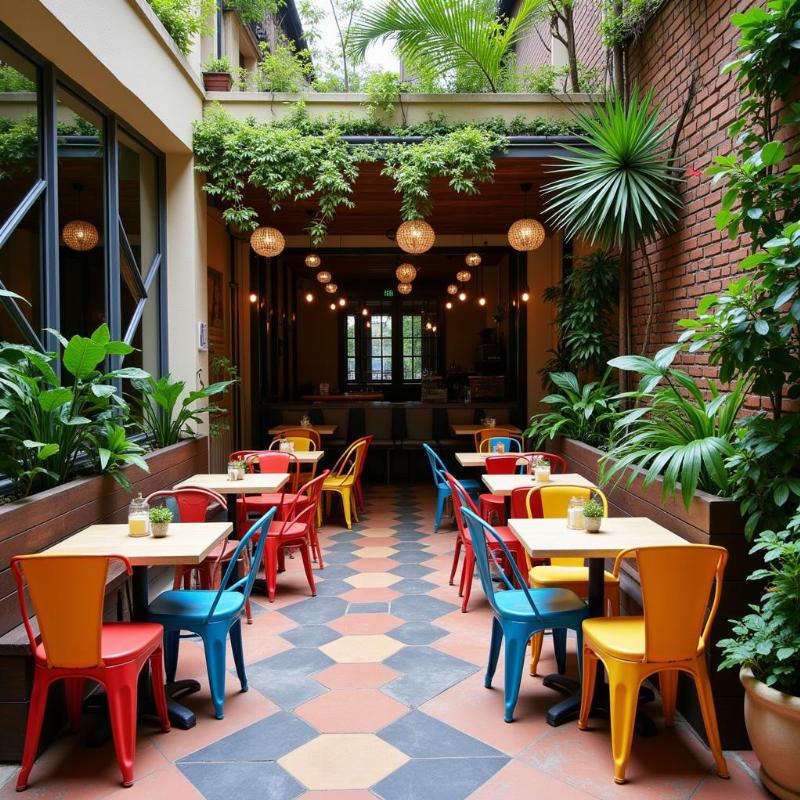 Outdoor cafe seating in Hyderabad with vibrant decor and plants, perfect for a relaxed evening.