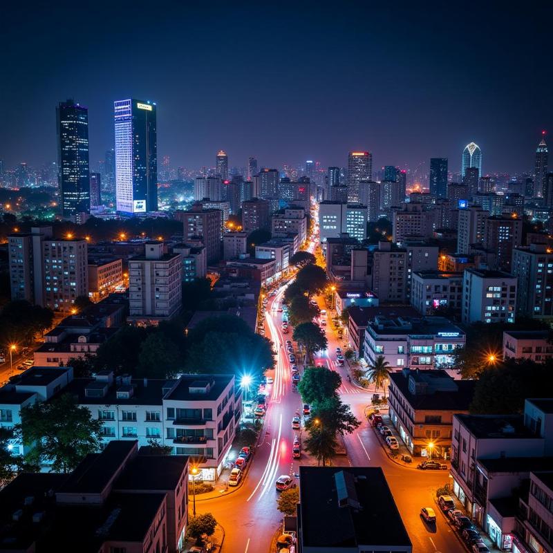 Hyderabad cityscape at night with illuminated buildings.