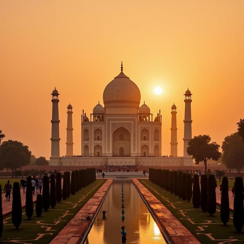 Taj Mahal at sunrise with tourists