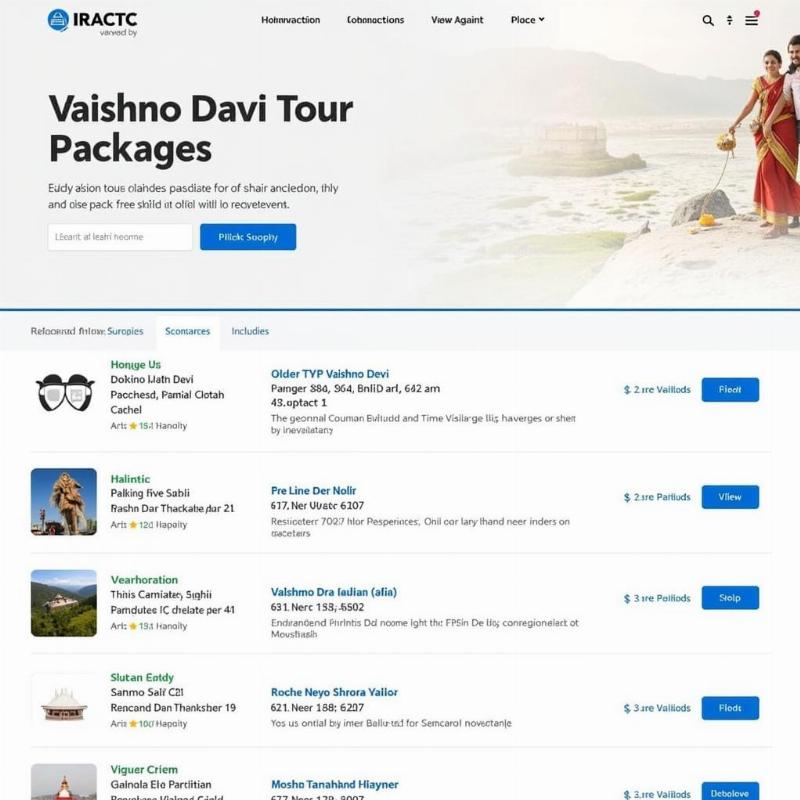 Different IRCTC Vaishno Devi Tour Package options displayed on a website.