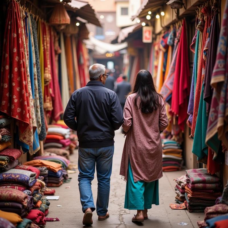 Couple shopping for textiles in a Jaipur bazaar