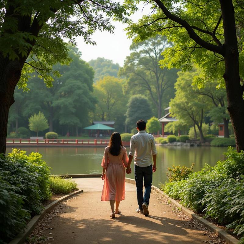 Couple strolling through the serene Japanese Park