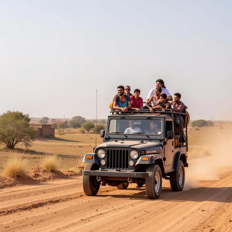 Tourists on a jeep safari exploring a Bishnoi village