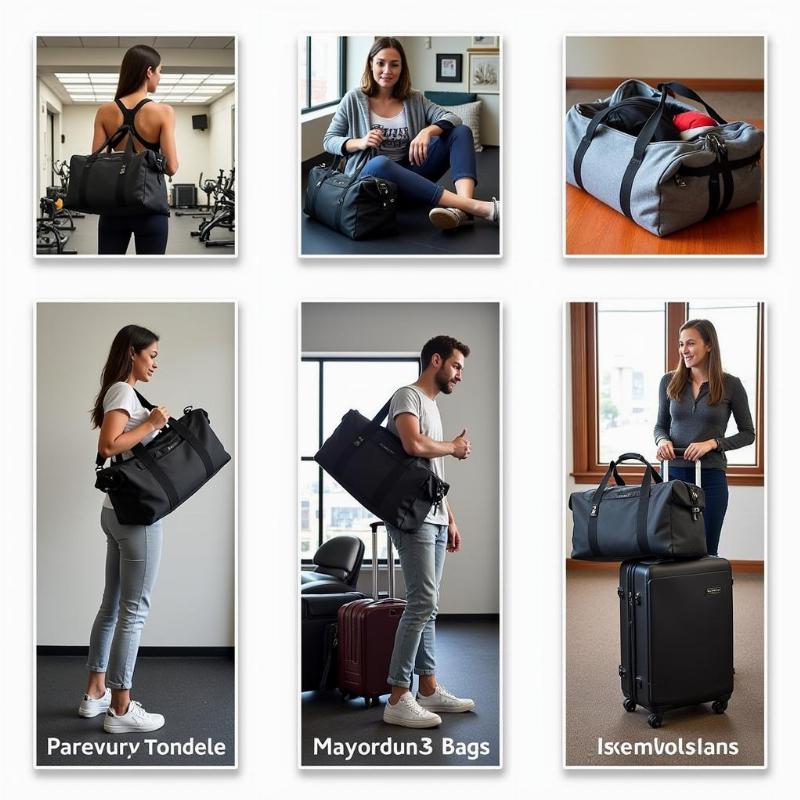 Kamiliant Duffel Bag Versatility: A Kamiliant duffel bag shown in different travel scenarios: gym, weekend getaway, and as an extra bag on a longer trip.