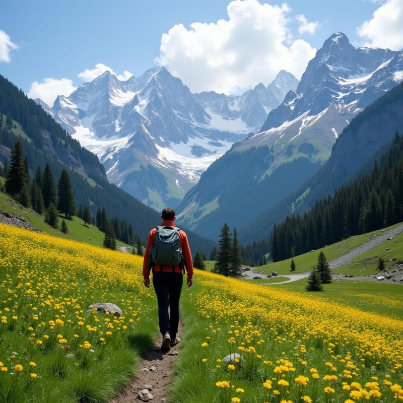 Solo traveler trekking through the golden meadows of Sonamarg, surrounded by snow-capped mountains.