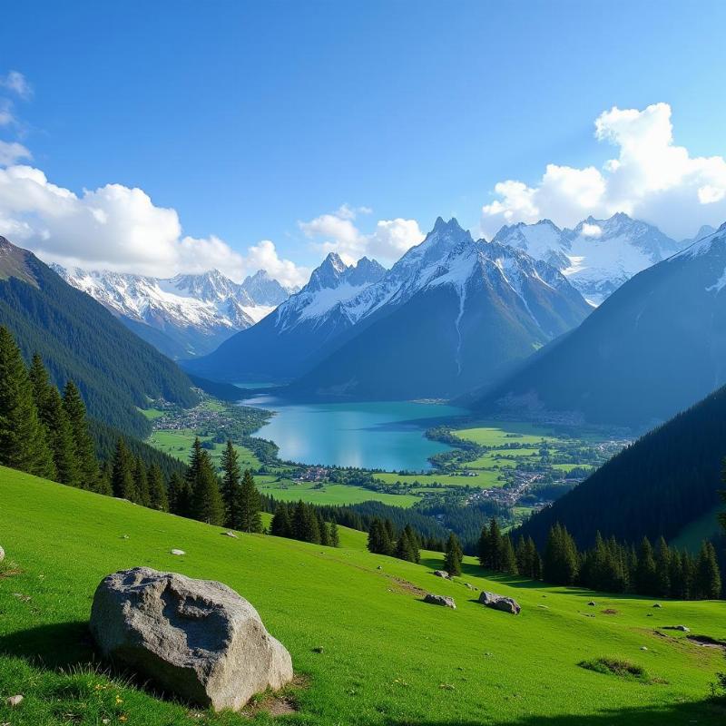 Kashmir tourism landscape featuring snow mountains and meadows