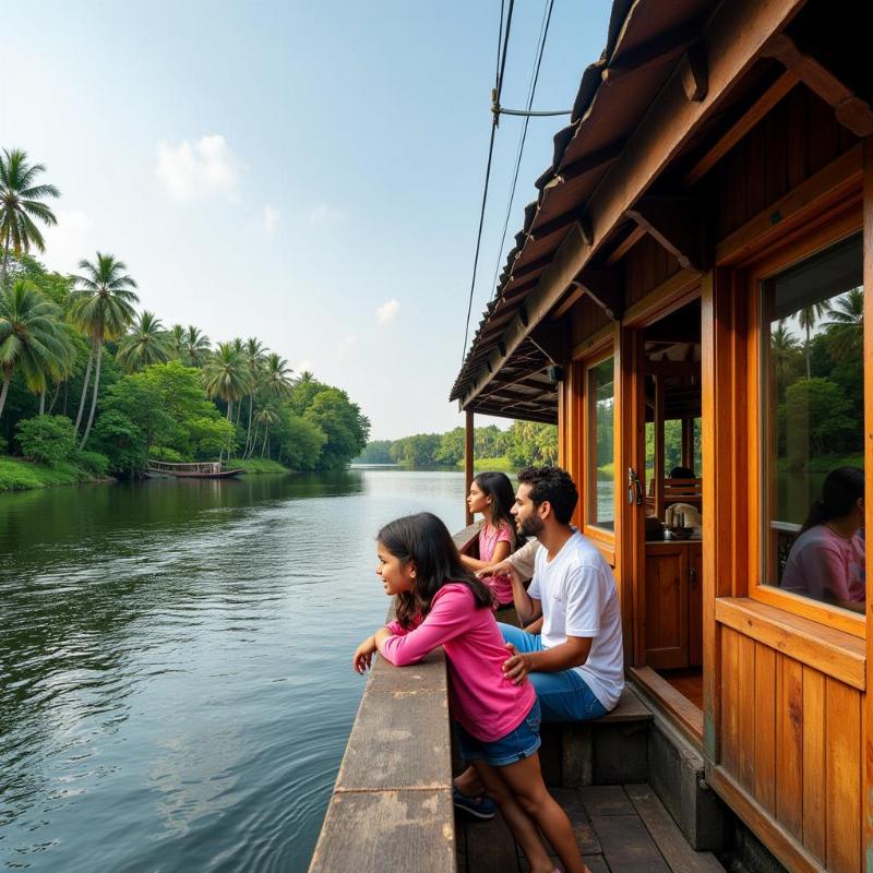 Family enjoying a houseboat ride on the Kerala backwaters