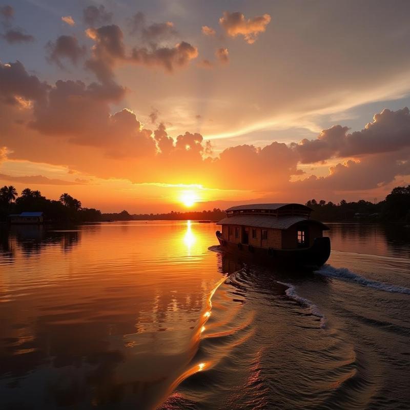 Sunset view of Kerala backwaters from a houseboat