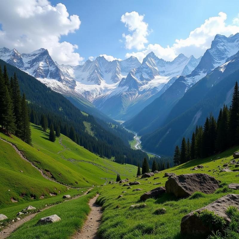 Scenic view of Kinnaur Valley with snow-capped mountains and lush greenery