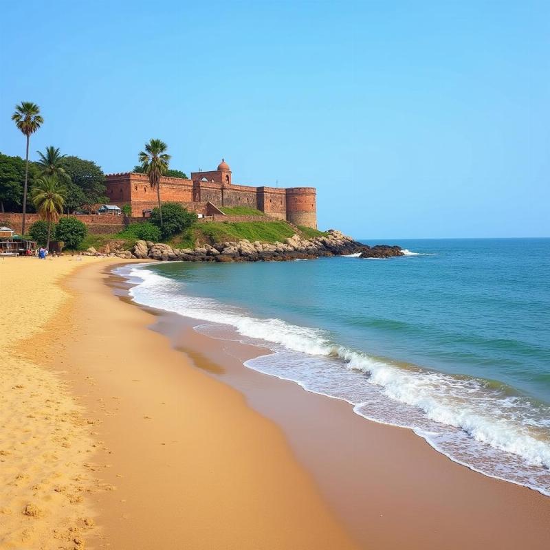 Konkan beaches and forts: A scenic view of a pristine beach with an ancient fort perched on a hill in the background, showcasing the beauty and history of the Konkan region.