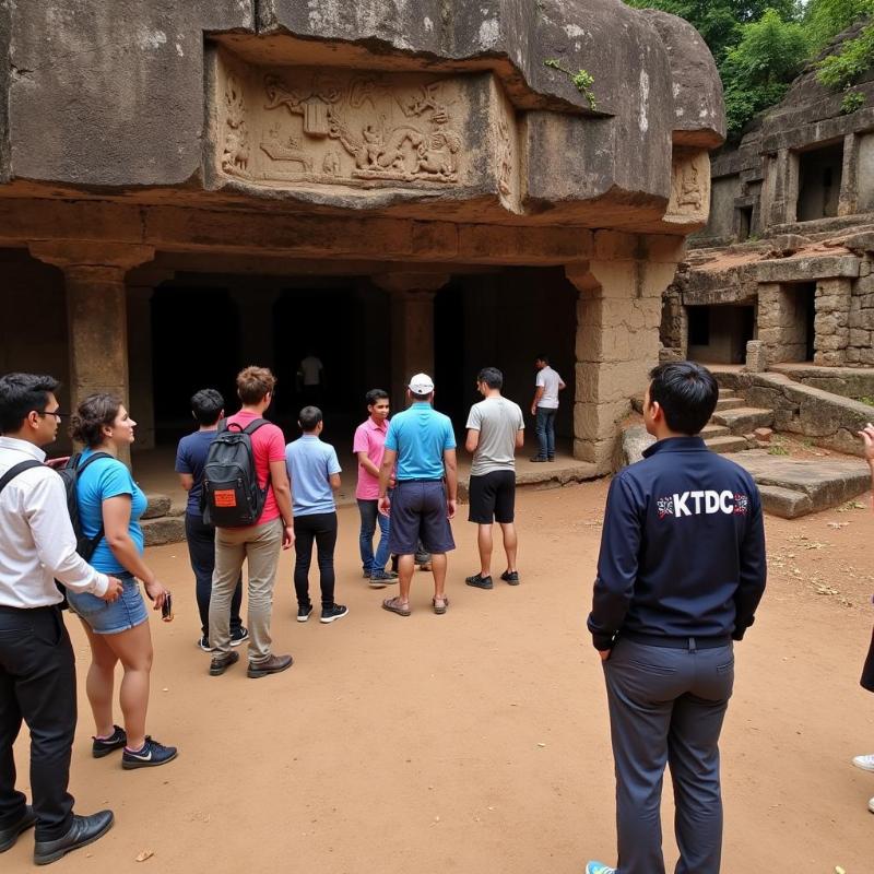 Exploring the ancient Edakkal Caves with a KTDC tour guide.