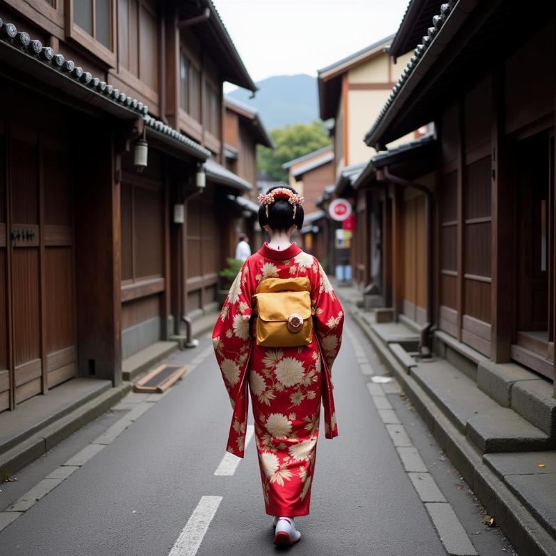 A geisha walking through the Gion district in Kyoto.