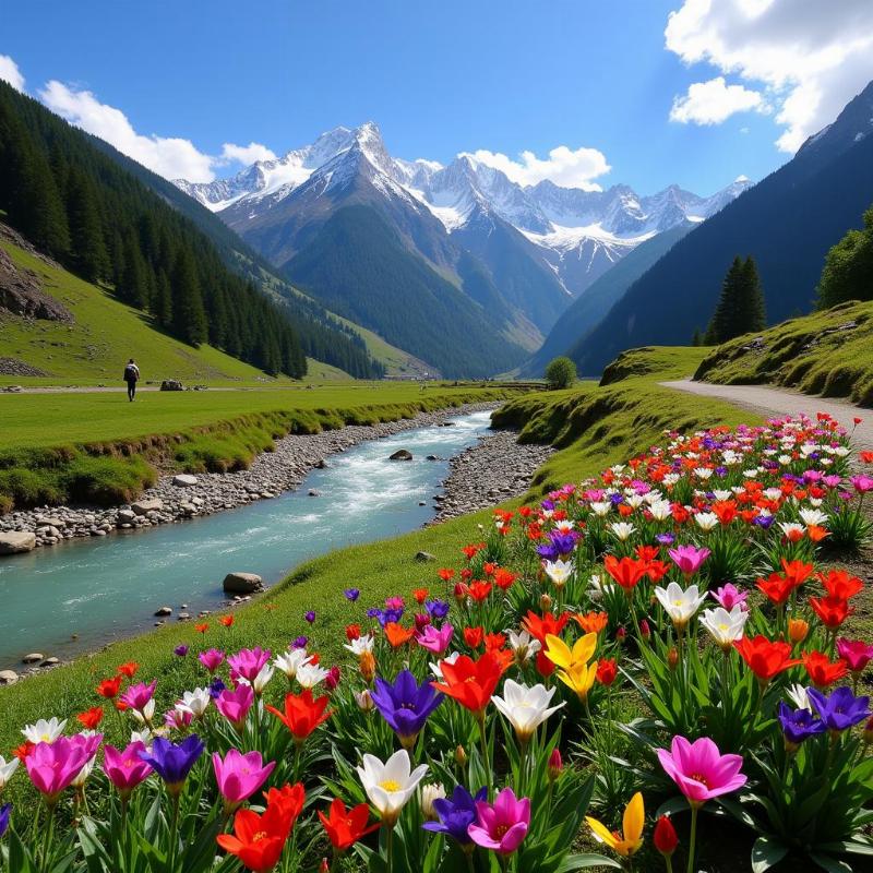 Yumthang Valley in full bloom during spring with colorful flowers and the Lachung River flowing through.