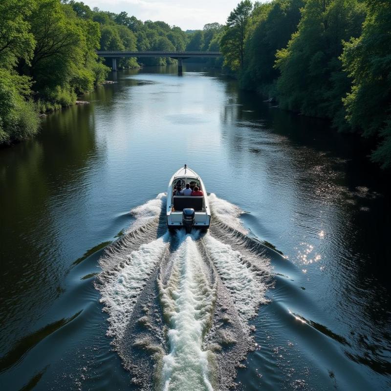 Motor boat navigating upstream against a strong current