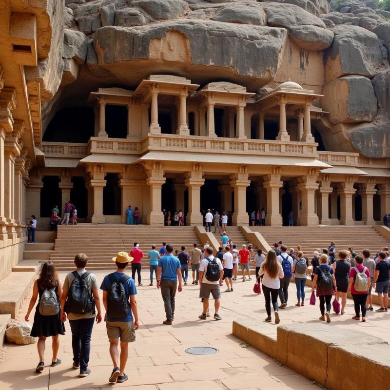 MSRTC tour group exploring Ajanta Ellora caves