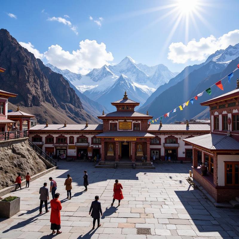 Panoramic view of Muktinath Temple nestled in the Himalayas with prayer flags fluttering in the wind and devotees performing rituals.