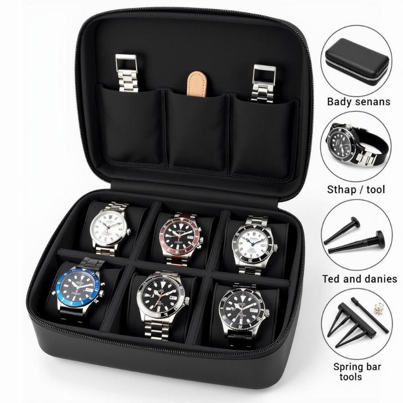 Multi-compartment watch travel case for secure organization of multiple watches and accessories.