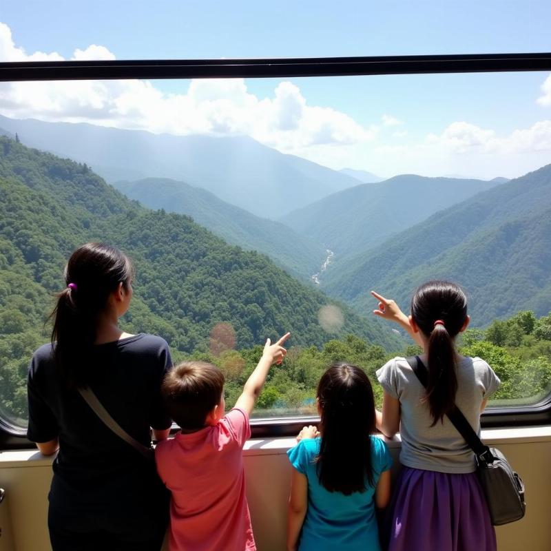 A family from Mumbai is riding the Nainital ropeway, enjoying the view of the valley below.