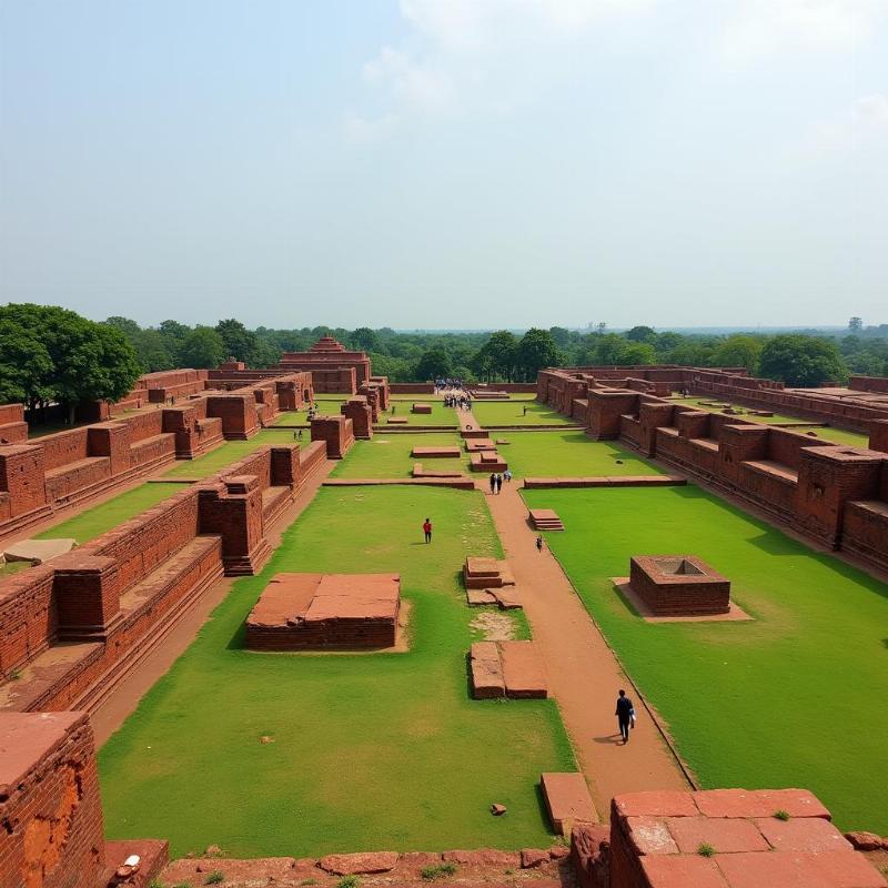 Nalanda University Ruins: A panoramic view of the excavated site showcasing the ancient brick structures and sprawling grounds.