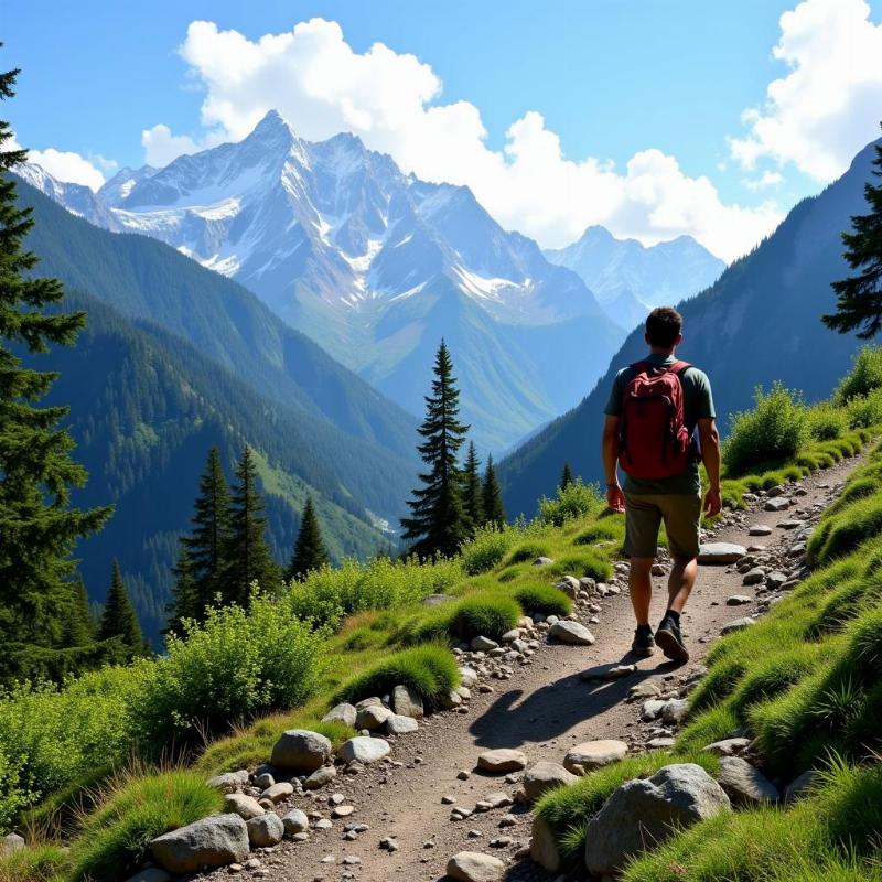 Man hiking a mountain trail in Nepal