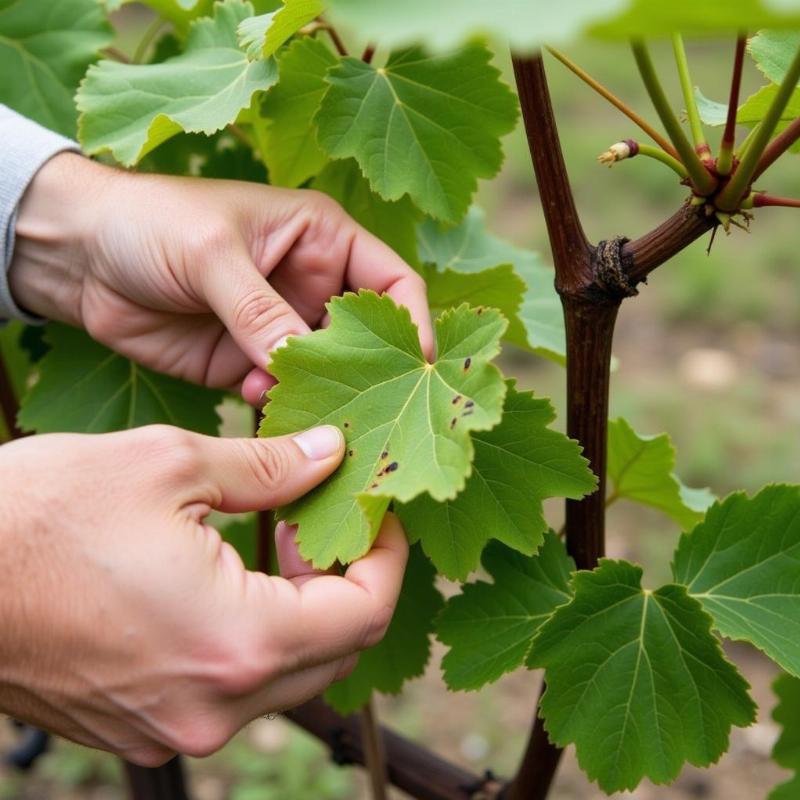 Viticulturist tending to grapevines