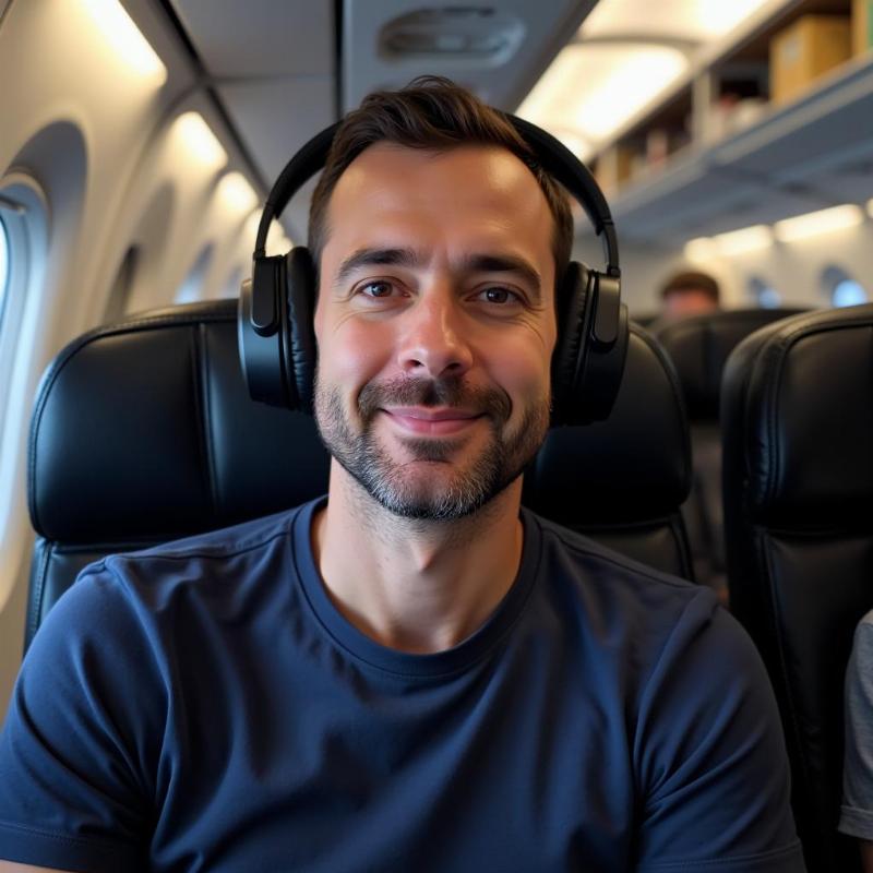 Noise-cancelling headphones for travel, blocking out ambient noise on a plane.