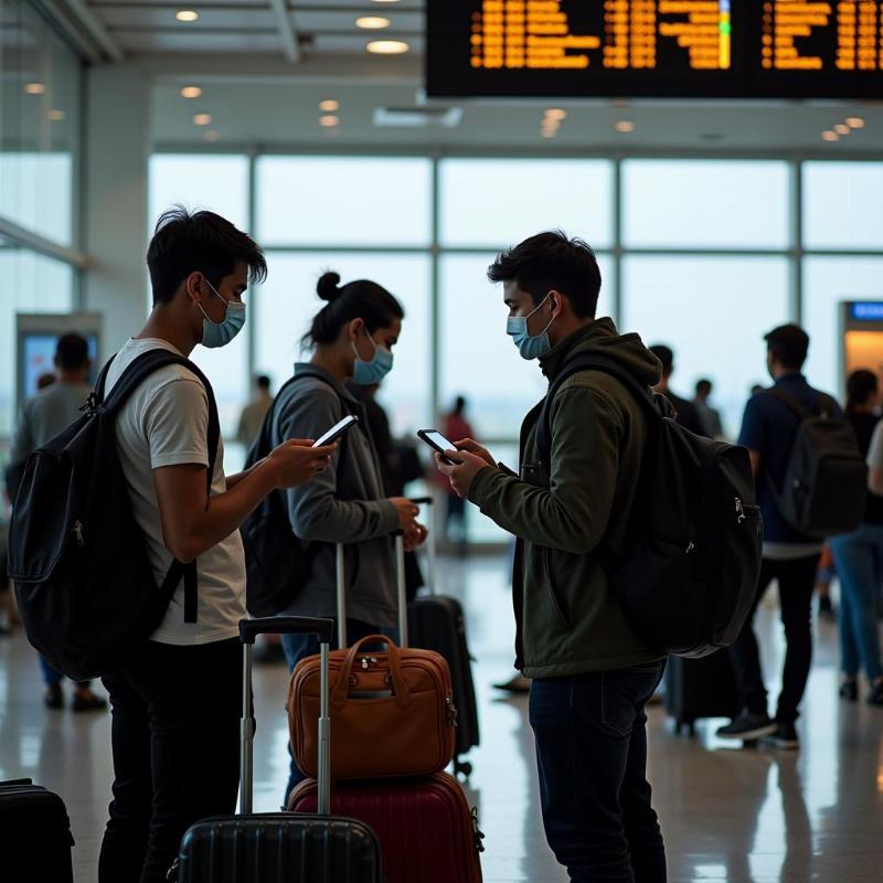 Passengers waiting at an Indian airport checking travel guidelines during the Omicron wave.