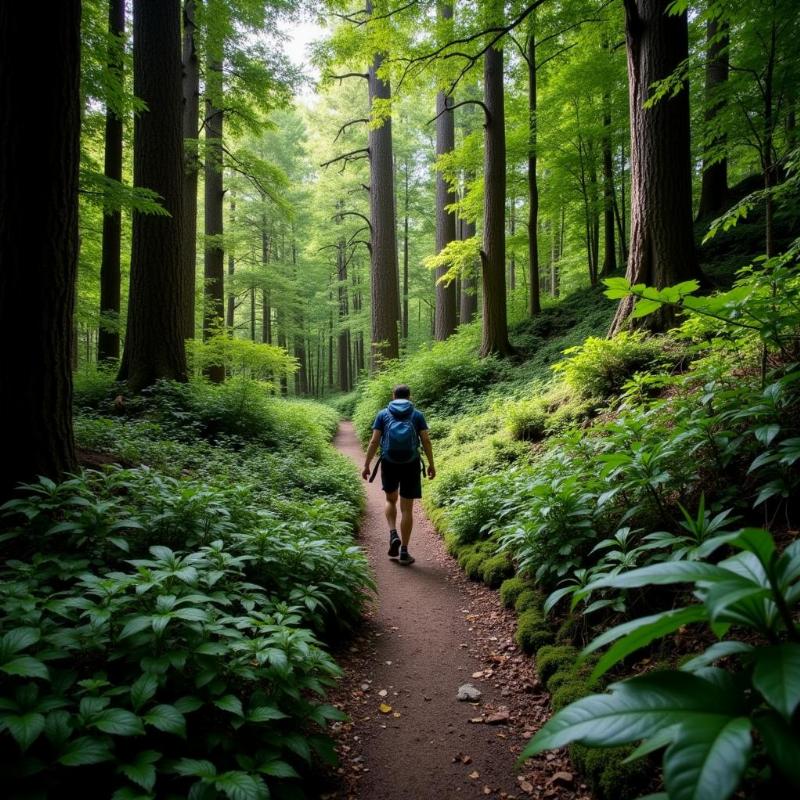 Trekking trails and a hiker in Polo Forest