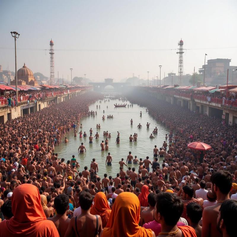 Pilgrims bathing at the Triveni Sangam during Kumbh Mela